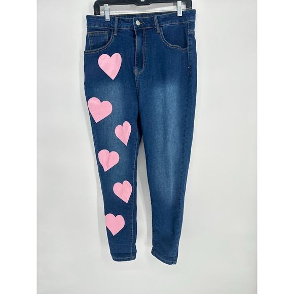 Shein Curve Womens Size 0XL Skinny Pink Heart Crop High Rise Denim Blue Jeans - Picture 1 of 9